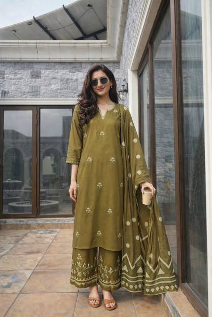 An olive kurta set with printed dupatta and palazzo