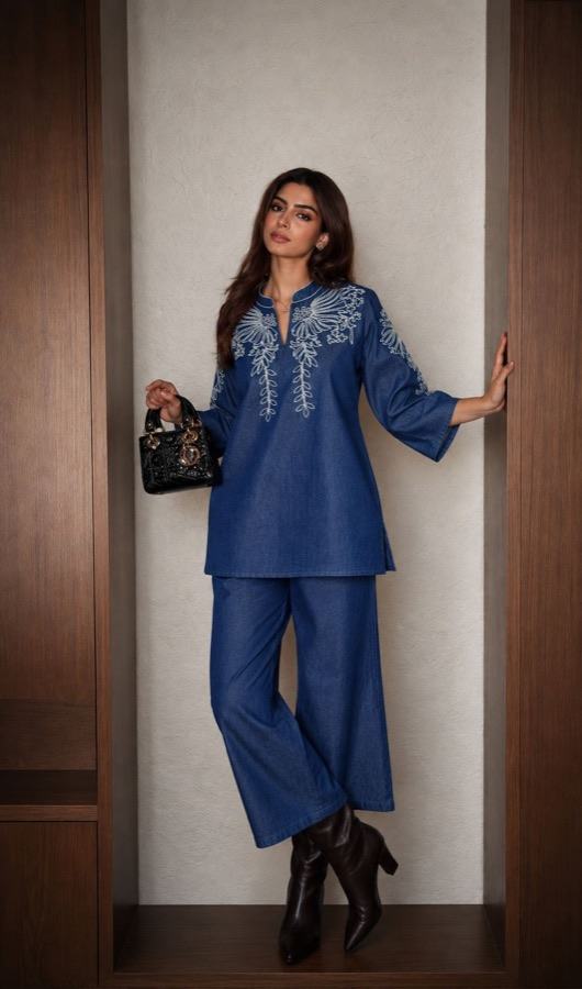 An indigo co-ord set — short kurta with wide-leg trousers