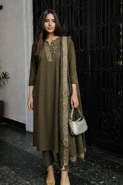 An olive green straight kurta set