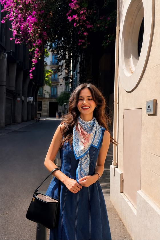 A denim dress worn with a printed scarf