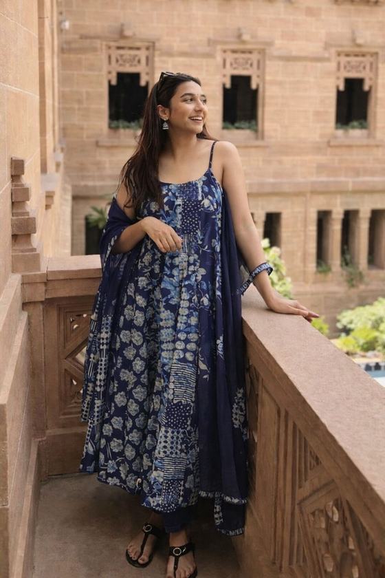 An indigo printed anarkali with a matching dupatta